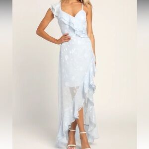 NWT Lulus Blue Floral Jacquard Ruffled Maxi Dress